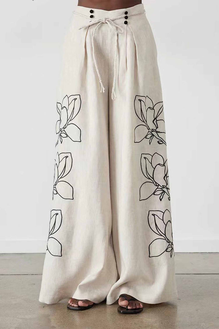 Cotton And Linen Printed Nine-Quarter Sleeve Wide-Leg Pants Suit