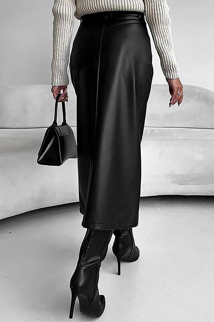 Spring Elegant Vintage Split Leather Midi Skirt