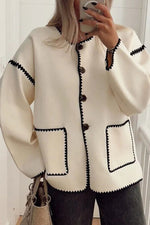 Load image into Gallery viewer, Buttoned Crew Neck Loose Color Block Knitted Jacket
