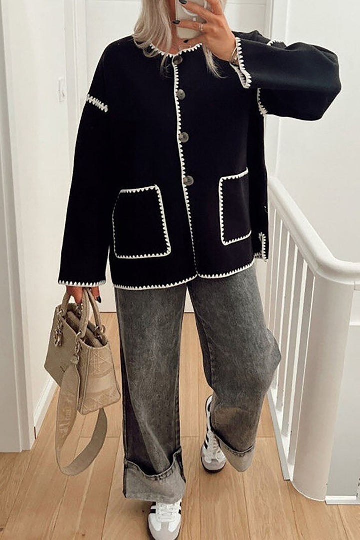 Buttoned Crew Neck Loose Color Block Knitted Jacket