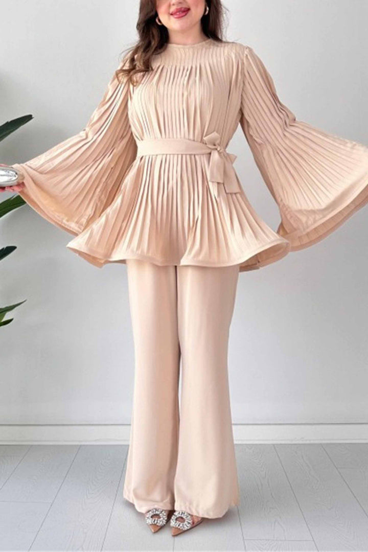 Lace-Up Pleated Loose Top And Wide-Leg Pants Two-Piece Set