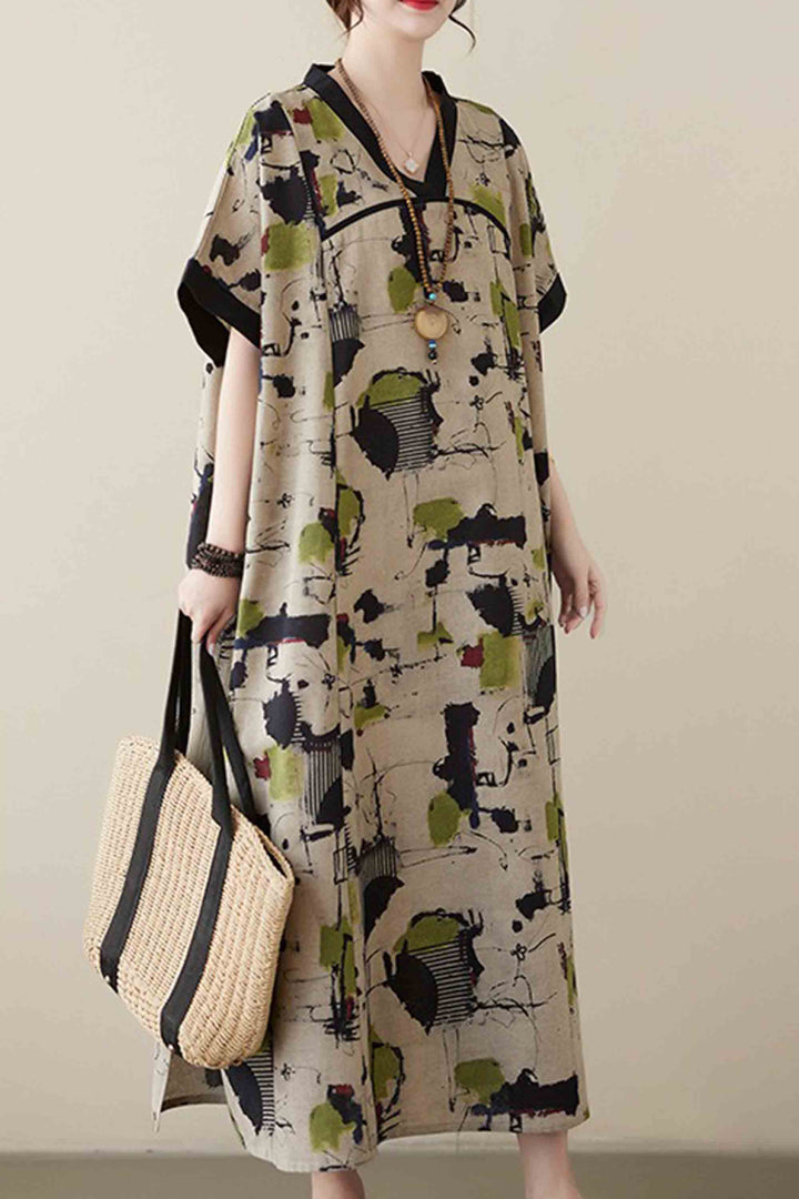 Chinese Style Printed V-Neck Loose Plus Size Dress
