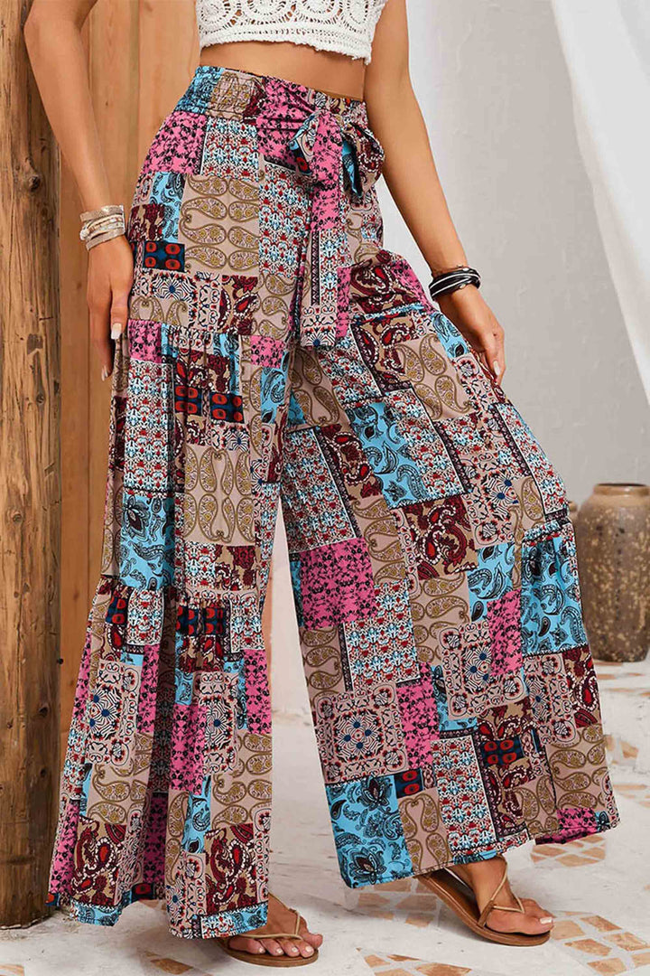 Printed Lace-Up High-Waisted Straight-Leg Casual Pants