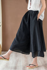 Load image into Gallery viewer, Retro Solid Color Cotton Linen Nine-quarter Pants Wide-leg Culottes
