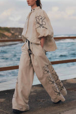 Load image into Gallery viewer, Cotton And Linen Printed Nine-Quarter Sleeve Wide-Leg Pants Suit
