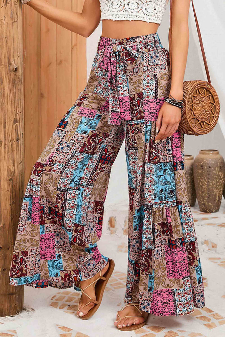 Printed Lace-Up High-Waisted Straight-Leg Casual Pants