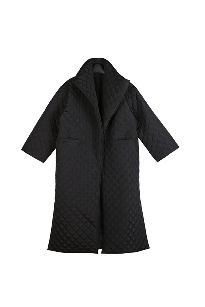Spring High Collar Rhombus Slit Long Cotton Coat