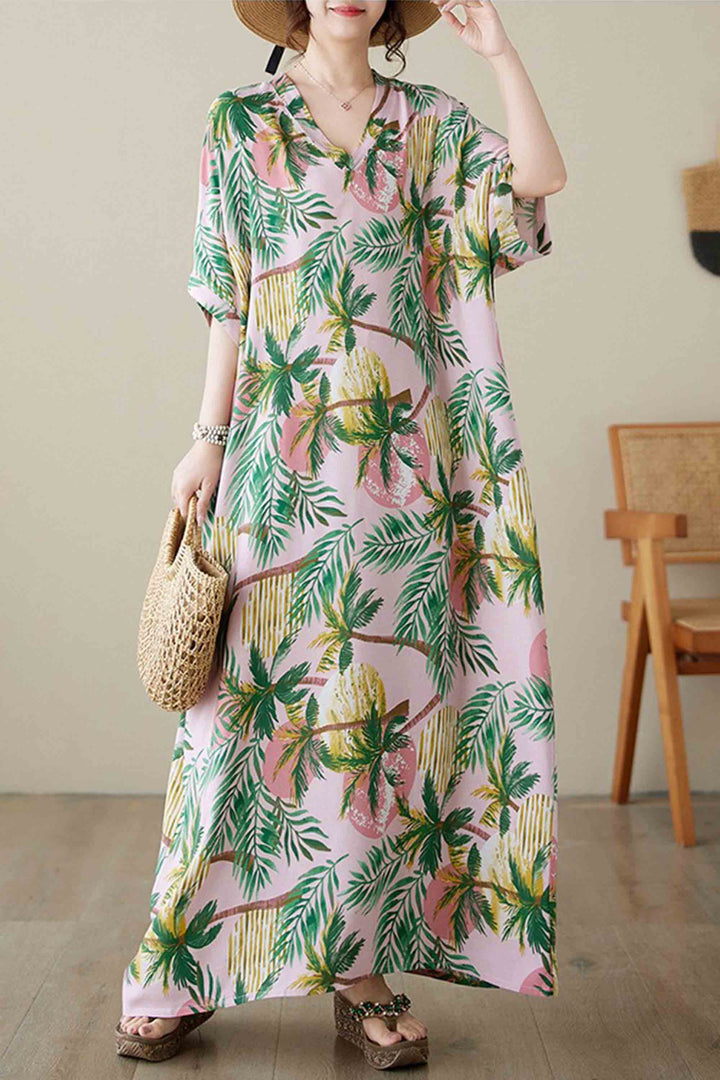 Thin Silk Floral Large Size Loose V-Neck Beach Skirt Robe