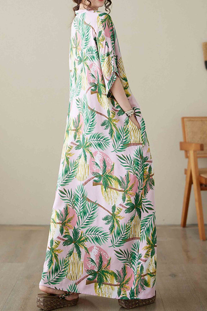 Thin Silk Floral Large Size Loose V-Neck Beach Skirt Robe