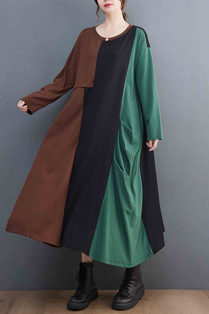 Large Size Loose Color Block Irregular Long Sleeve Dress