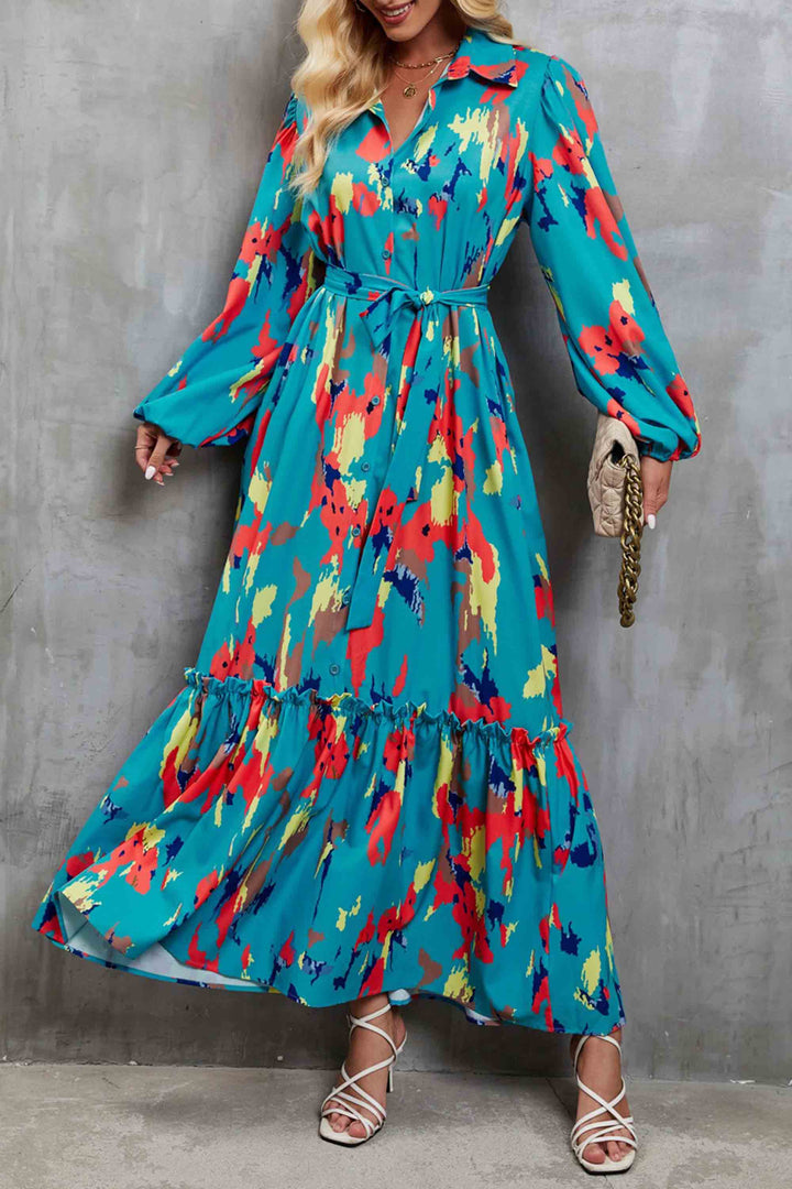 Printed Single-Breasted Lace-Up Balloon-Sleeve Dress