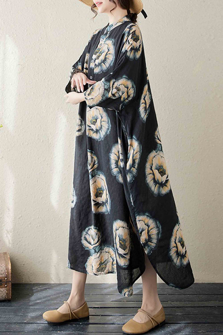 Printed Cotton And Linen Stand Collar Resort Dress