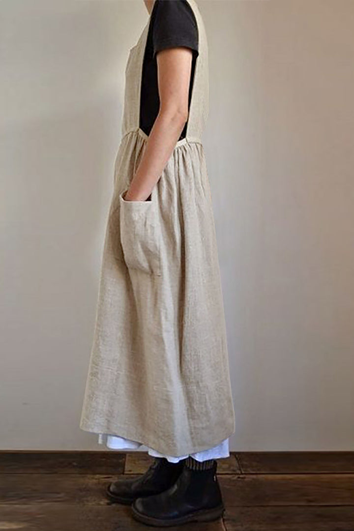 Fashion Cotton Linen Apron Loose Long Dress leemho