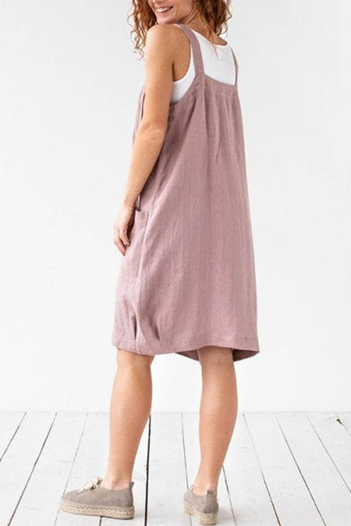 Off-the-shoulder Strappy Linen Dress With Double Side Pockets