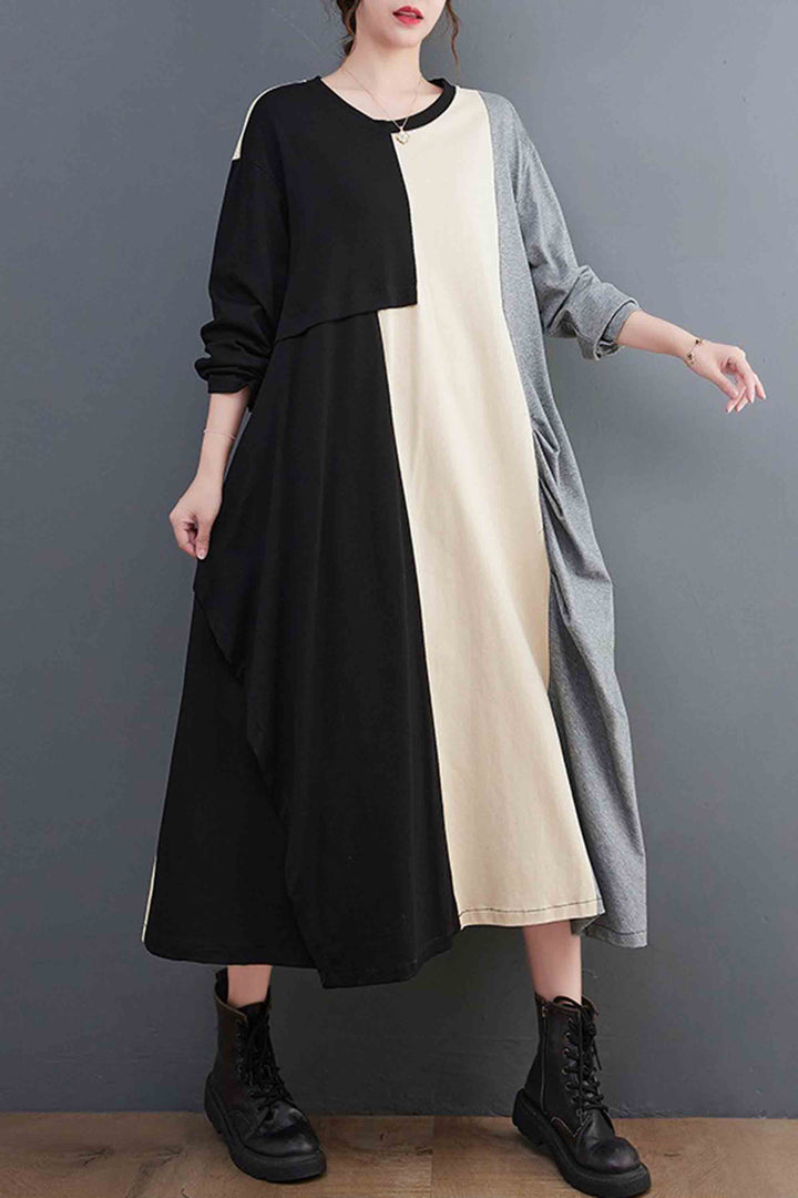 Large Size Loose Color Block Irregular Long Sleeve Dress