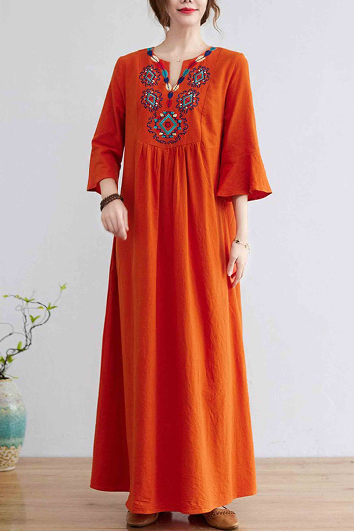 Ethnic Style Loose Embroidered V-Neck Dress