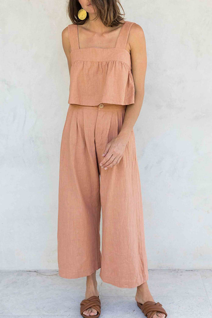 Straight Cotton And Linen Commuting Wide-Leg Pants