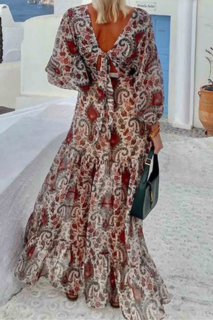 Women's Lace-Up Long Sleeve V-Neck Bohemian Long Dress