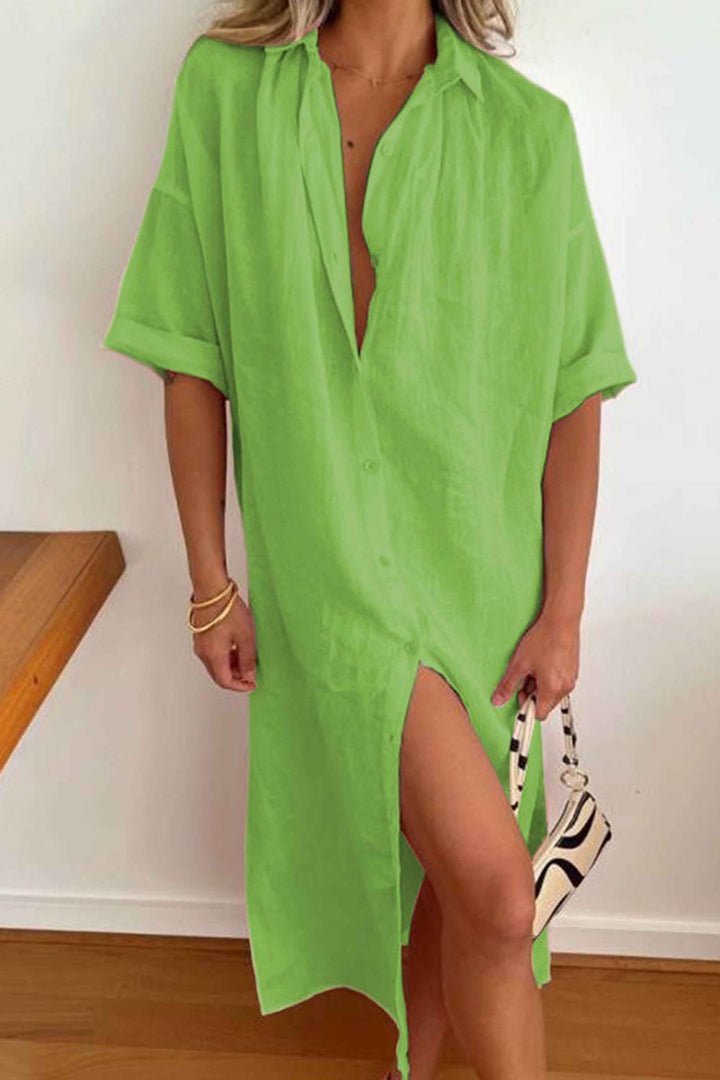 Solid Color Lapel Mid-Length Resort Shirt Dress