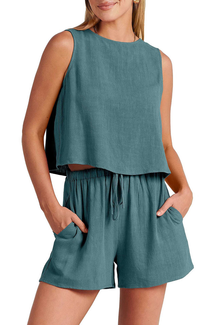Summer Sleeveless Solid Color Top Shorts Casual Suit