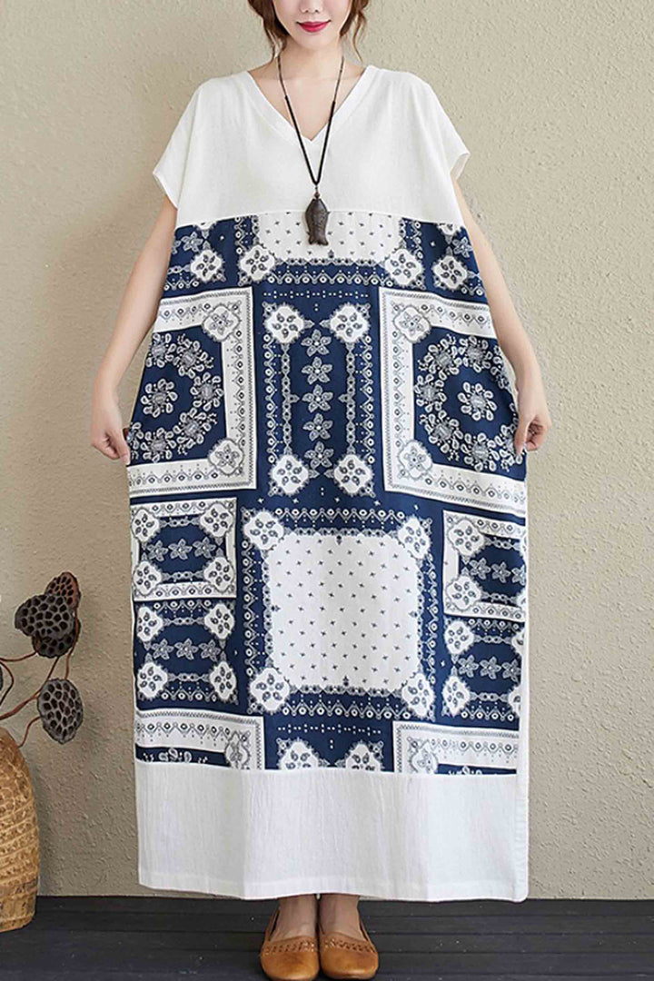 Pullover V-Neck Loose Large Size Cotton And Linen Robe Dress