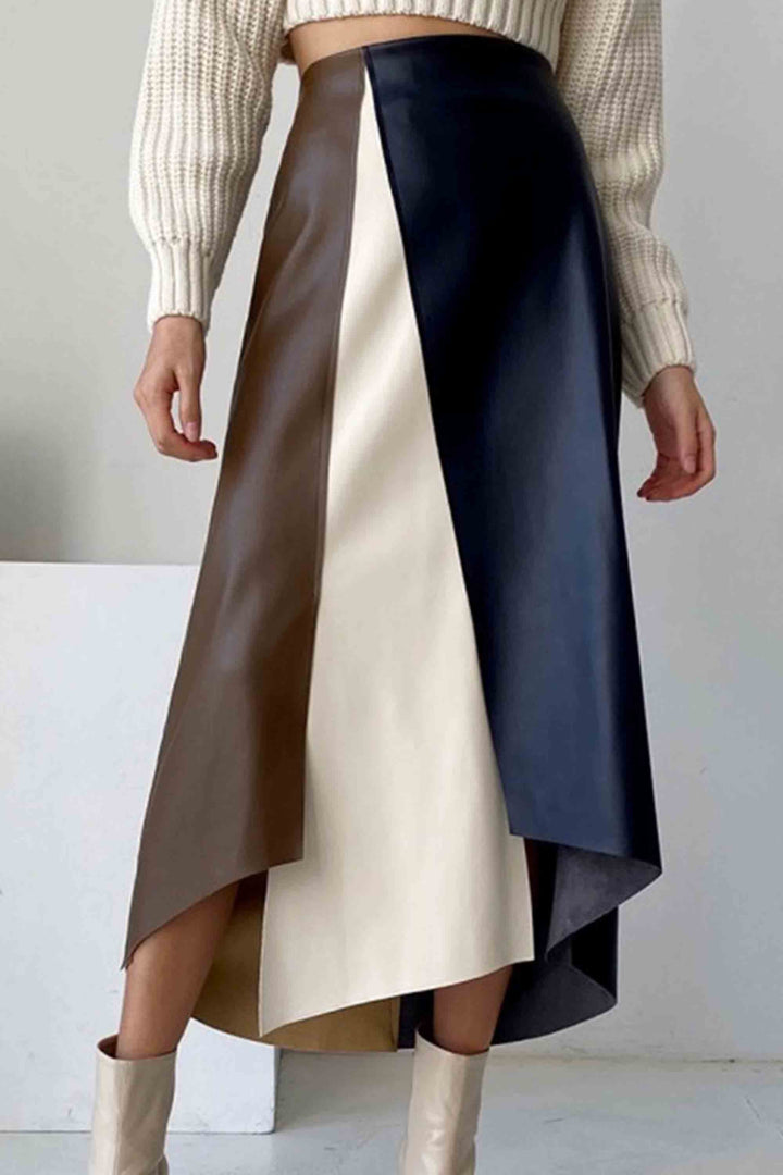 French Style Multi-Color Patchwork Leather Skirt
