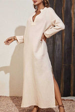 Load image into Gallery viewer, Cotton Linen V-neck Slit Long-sleeved Dress