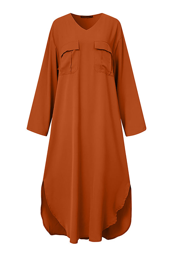 Casual Solid Color V Neck Pocket Ladies Dress