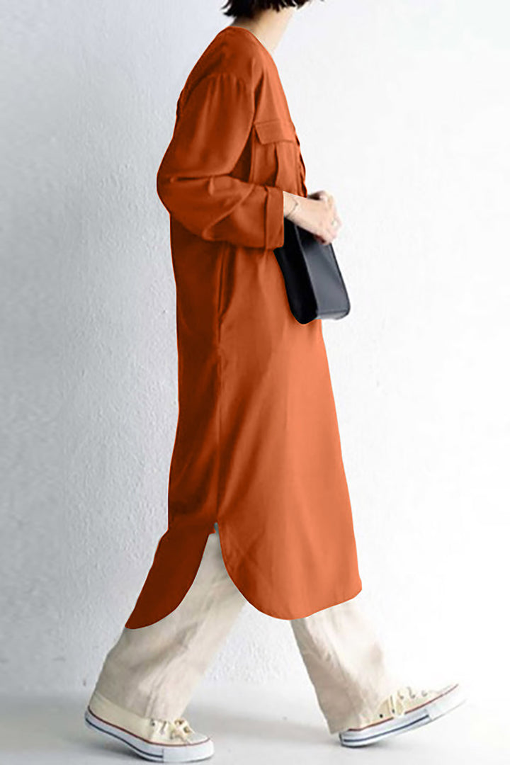 Casual Solid Color V Neck Pocket Ladies Dress