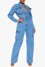 Load image into Gallery viewer, Stretch Accordion Bag Washed Denim Jumpsuit
