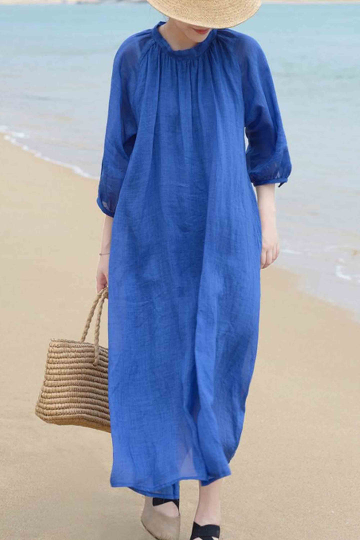Cotton And Linen Round Neck Loose Holiday Long Skirt