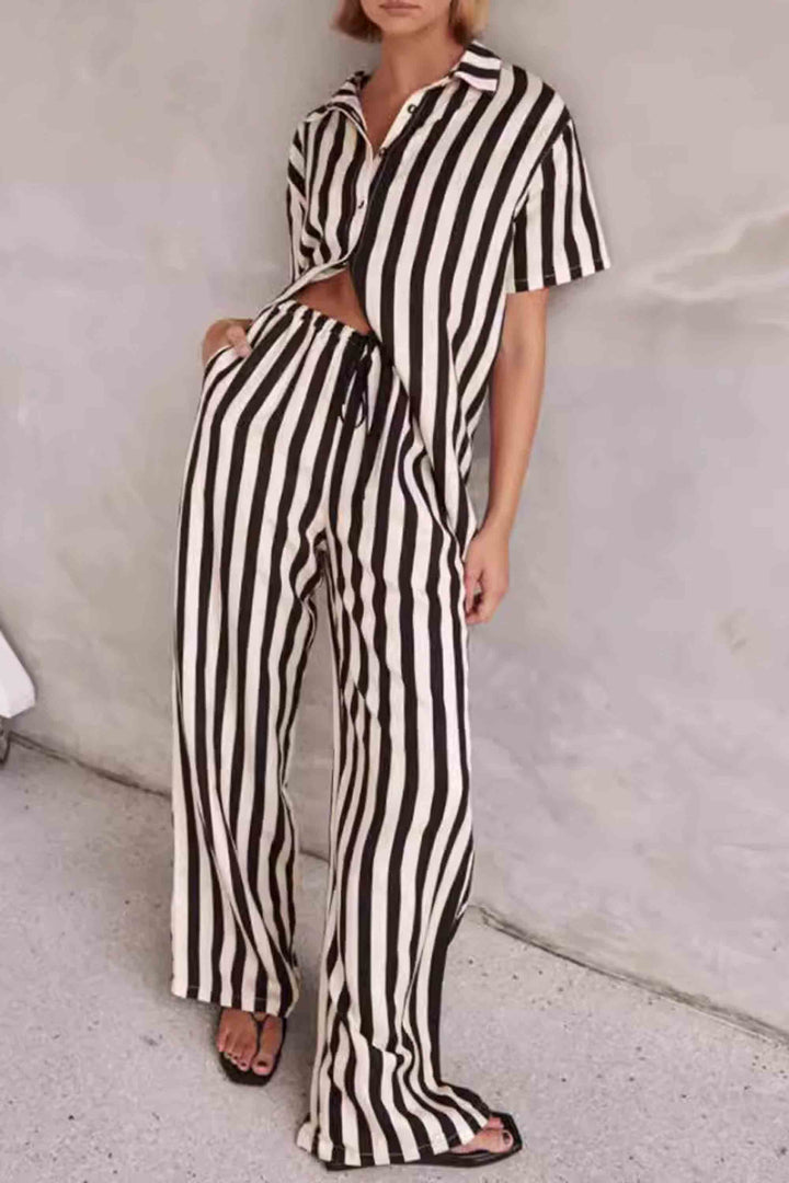 Casual Polo Collar Striped Color-Blocked Short-Sleeved Suit