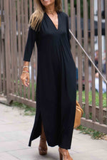 Load image into Gallery viewer, Three-Quarter Sleeve Knitted Slit V-Neck Dress
