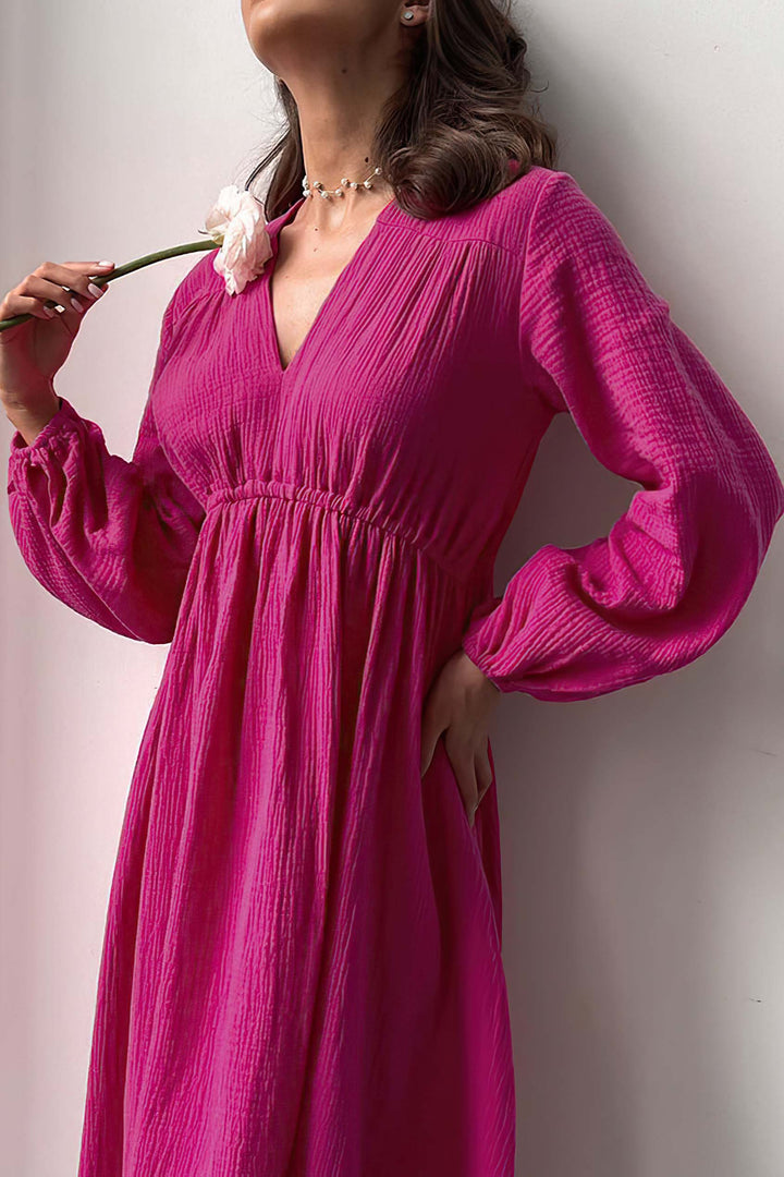 Cotton Long-sleeved Solid Color V-neck Loose Dress