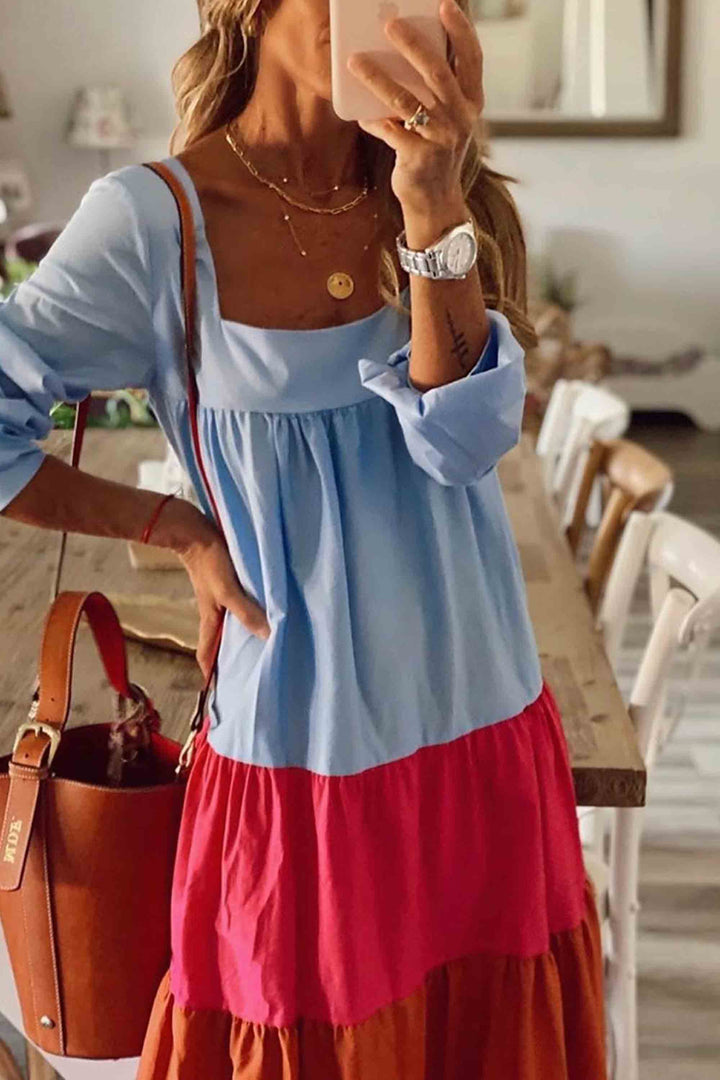 Colorful Color Block Long Sleeve Dress