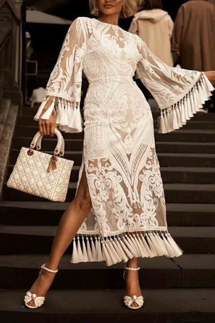Banquet Lace Embroidered Fringed Gown Dress