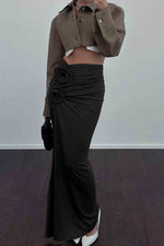 Load image into Gallery viewer, High-Waisted Slit Pleated Floral-Embellished Maxi Skirt
