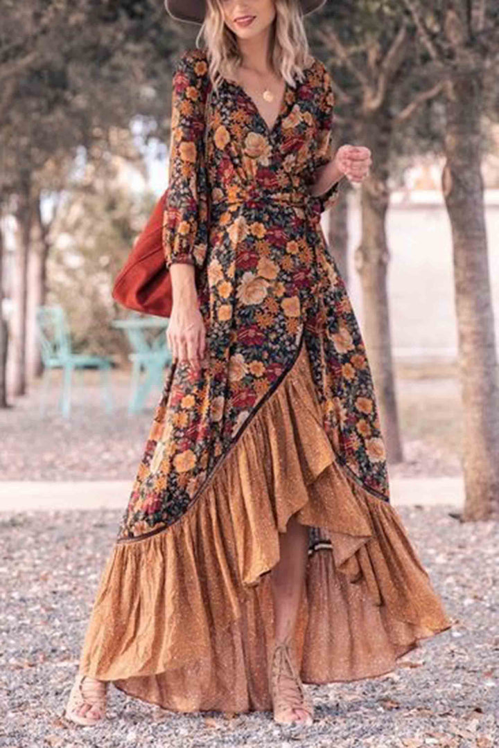 Casual Long Sleeve Printed Vintage Long Dress