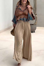 Load image into Gallery viewer, Pleated Printed V-Neck Top And Wide-Leg Pants Two-Piece Set
