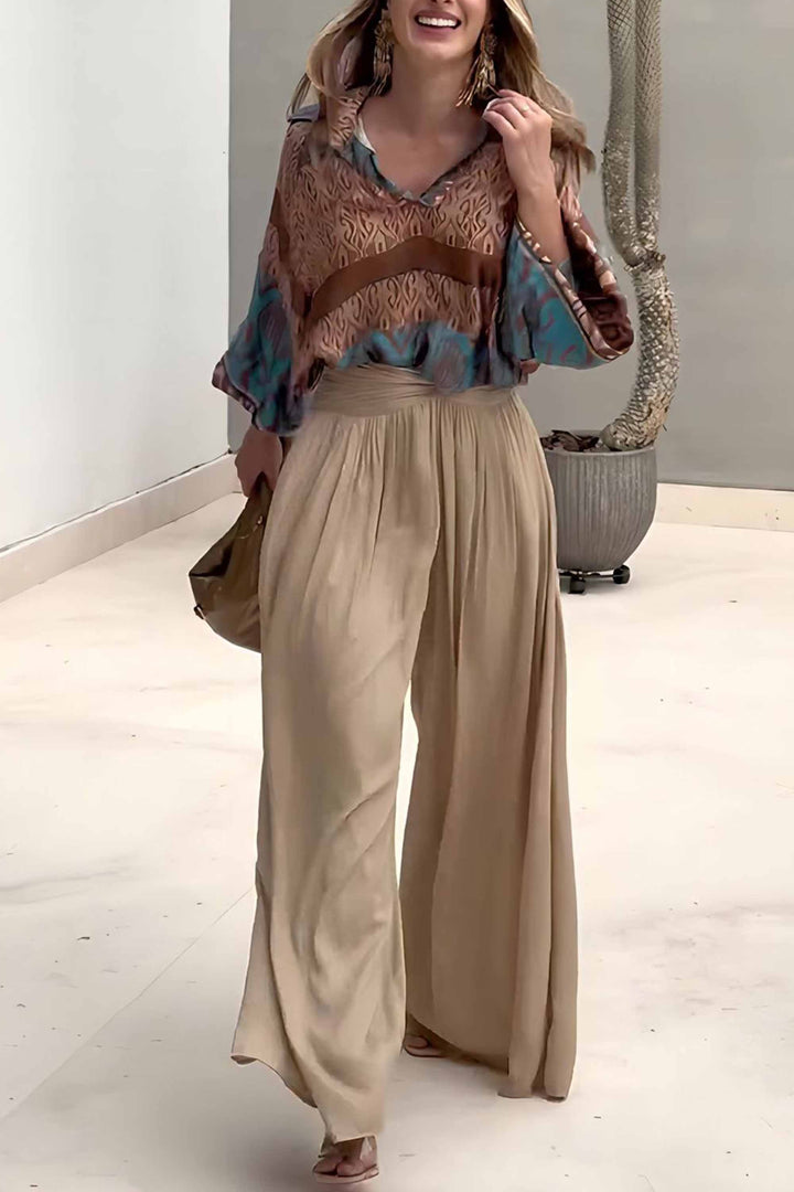 Pleated Printed V-Neck Top And Wide-Leg Pants Two-Piece Set