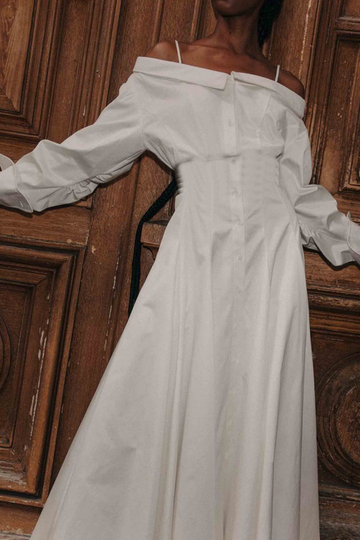 White Long Sleeve Halter Shirt Dress