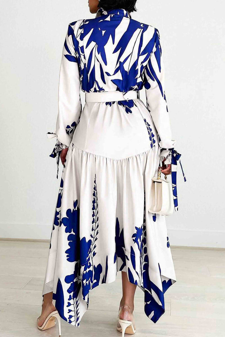 Elegant Printed Lapel Belt Dress