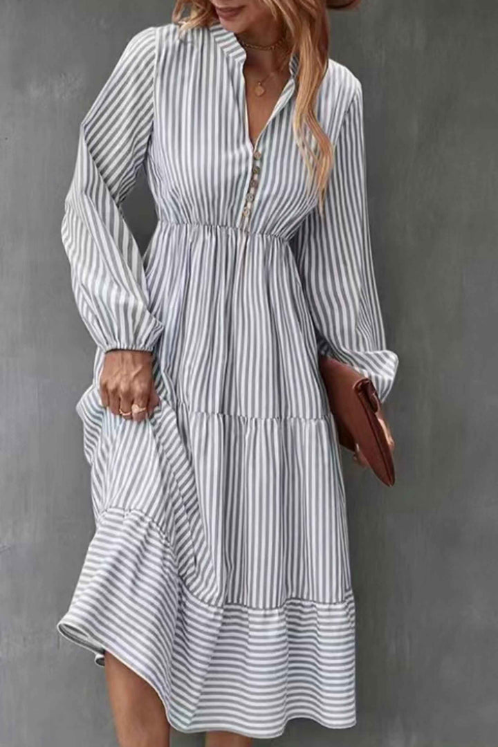 V-Neck Striped Elastic Waist Breathable Dress