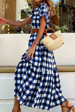 Load image into Gallery viewer, Stand-Collar Short-Sleeved Mid-Length Plaid Dress
