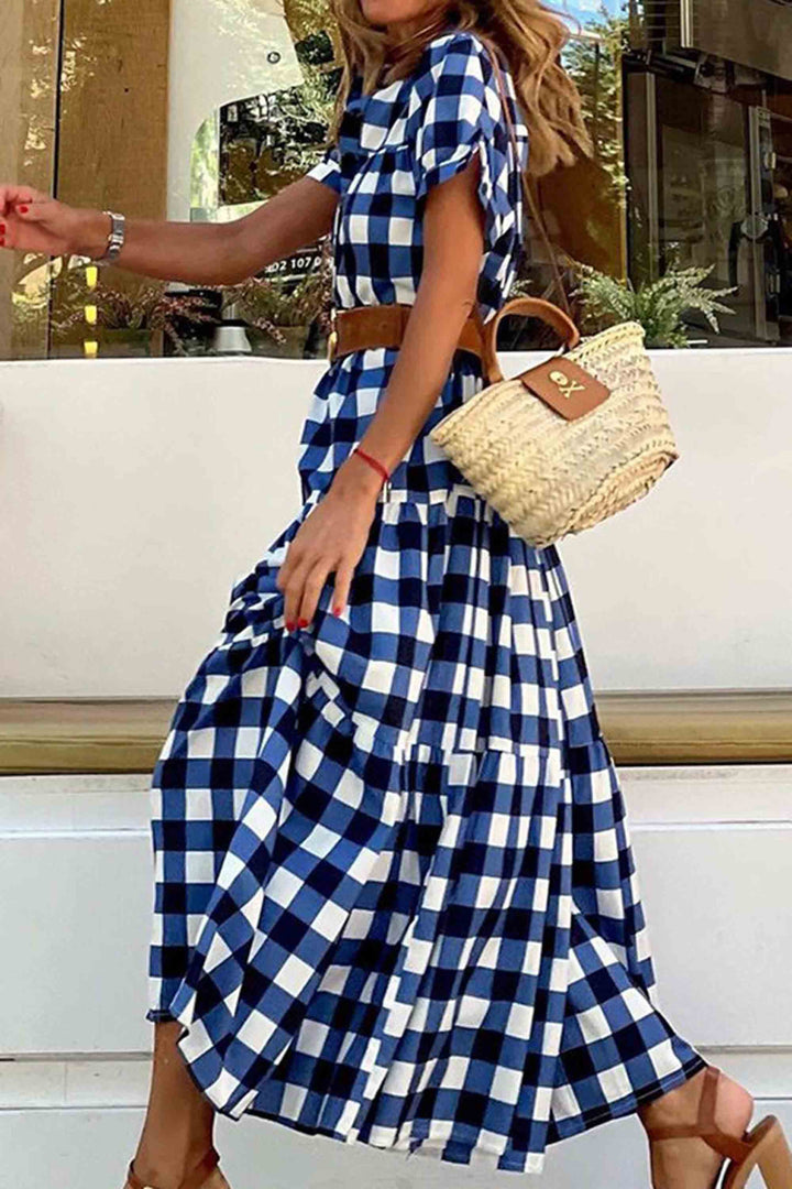 Stand-Collar Short-Sleeved Mid-Length Plaid Dress