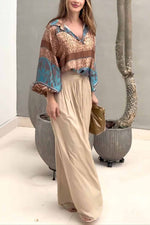 Load image into Gallery viewer, Pleated Printed V-Neck Top And Wide-Leg Pants Two-Piece Set
