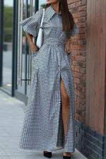 Load image into Gallery viewer, Plaid Casual Polo Collar Slit Long Dress
