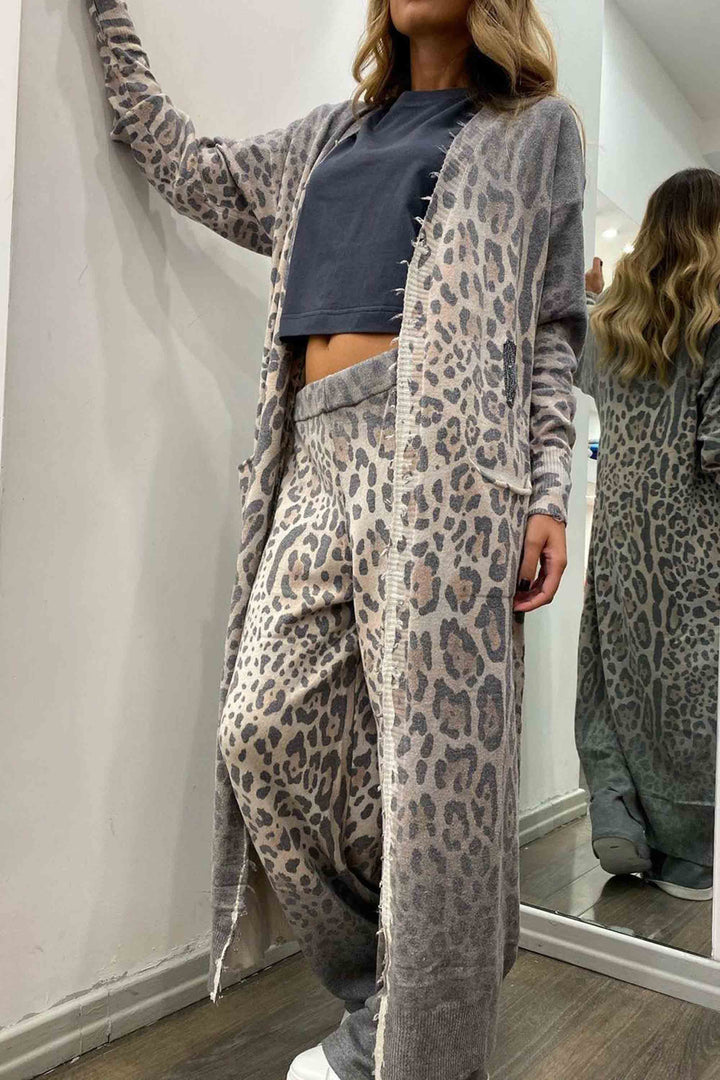 Leopard Print Long Sleeve Cardigan And Pants Suit