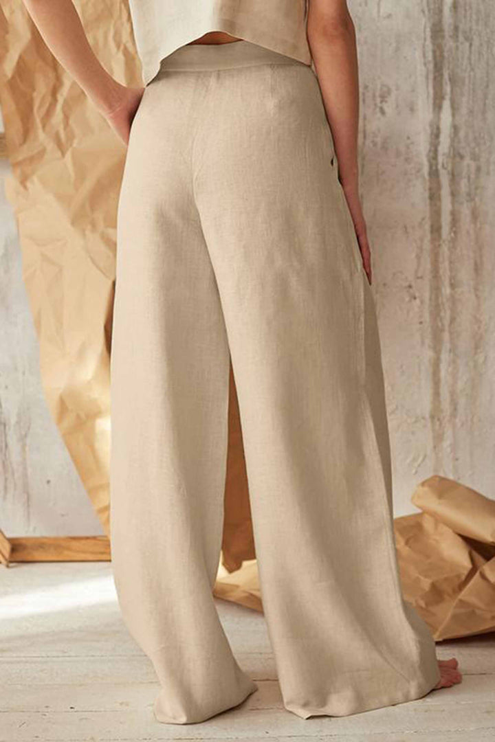 Women's High Waist Buttoned Cotton And Linen Wide Leg Pants