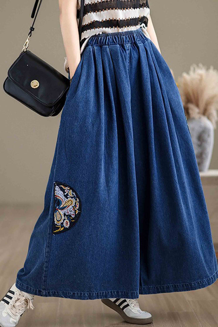 Thin Denim Embroidered Loose Wide-Leg Pants